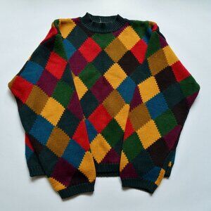 Vintage 90s Multicolor Argyle Geometric Sweater 100% Cotton Maurice Sasson Men's